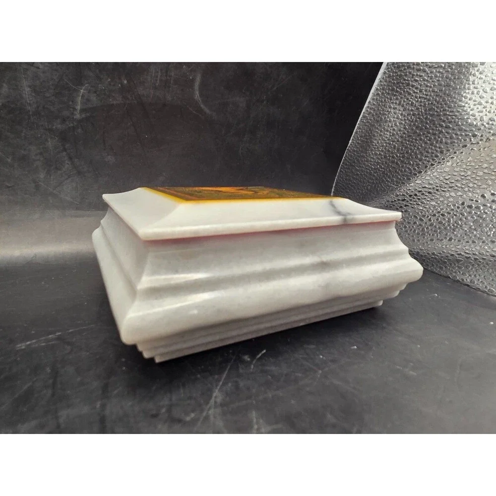 Vintage Marble Trinket Box Lid White Beautiful Woman Portrait Stone Jewelry Box